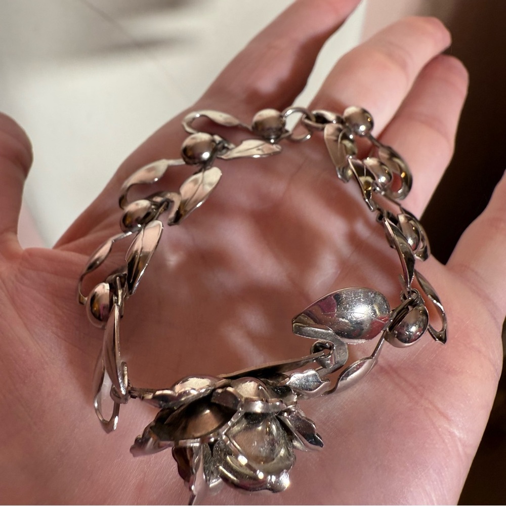 Silver Floral Rose Bracelet with Center Crystal - Picture 16 of 16